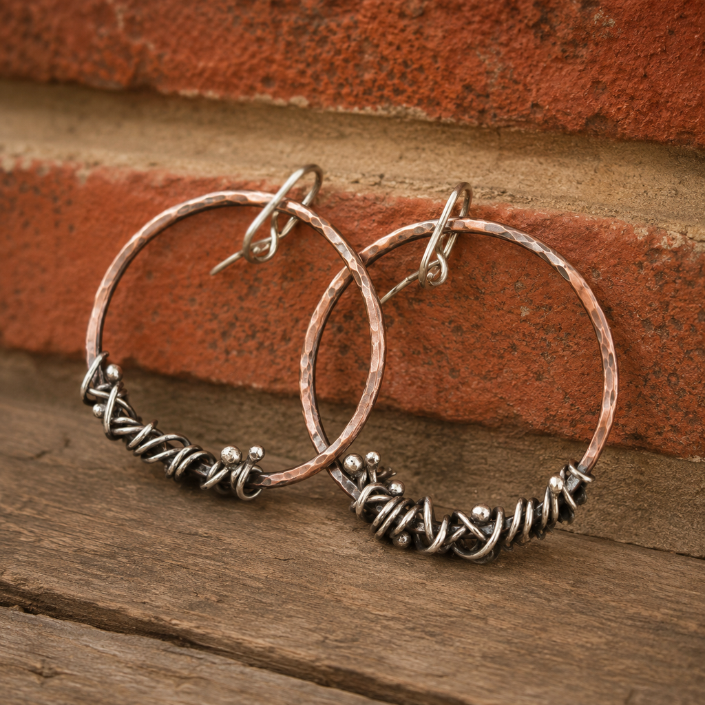 Handcrafted Copper & Sterling Silver Wire Wrapped Hoop Earrings