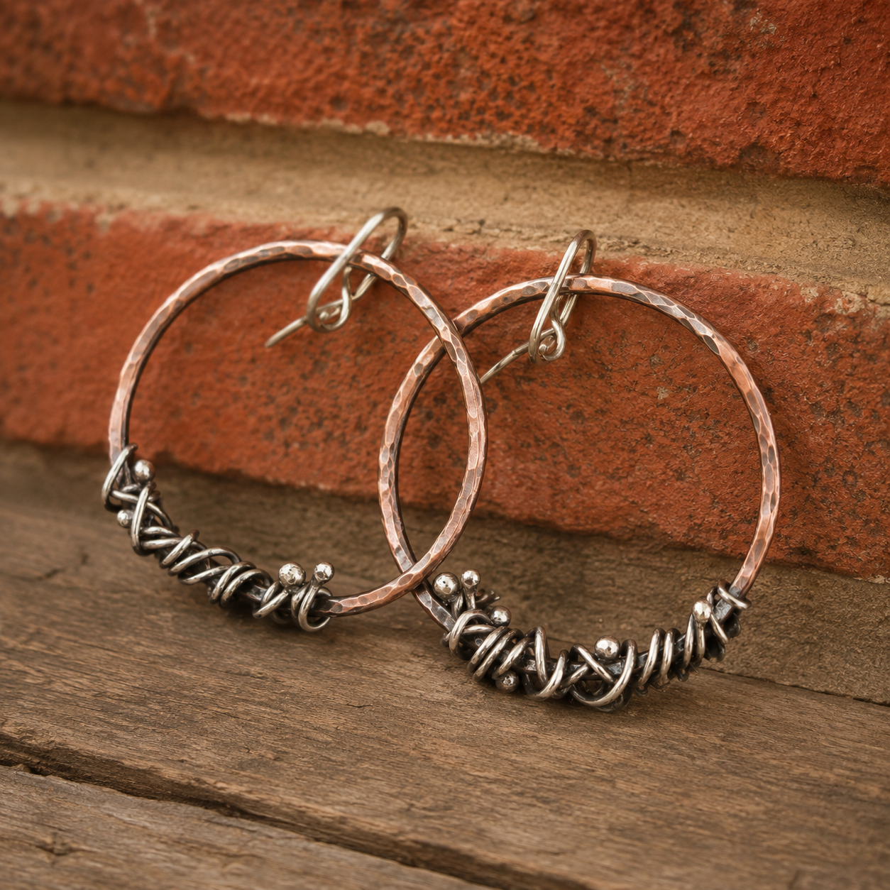 Handcrafted Copper & Sterling Silver Wire Wrapped Hoop Earrings