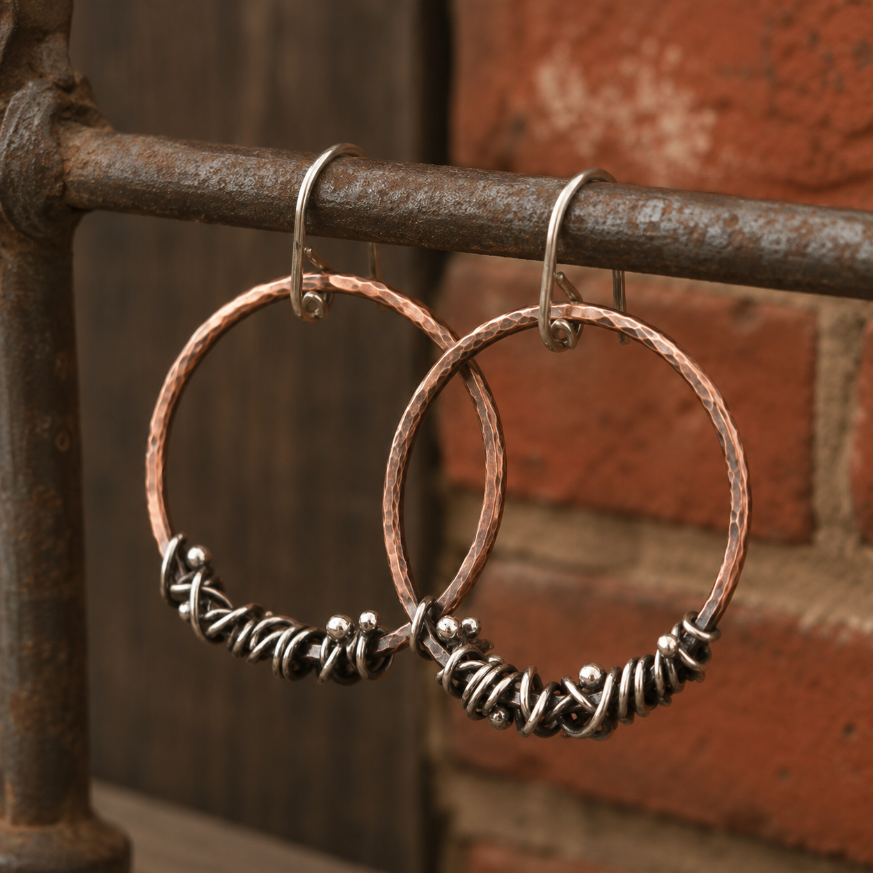 Handcrafted Copper & Sterling Silver Wire Wrapped Hoop Earrings
