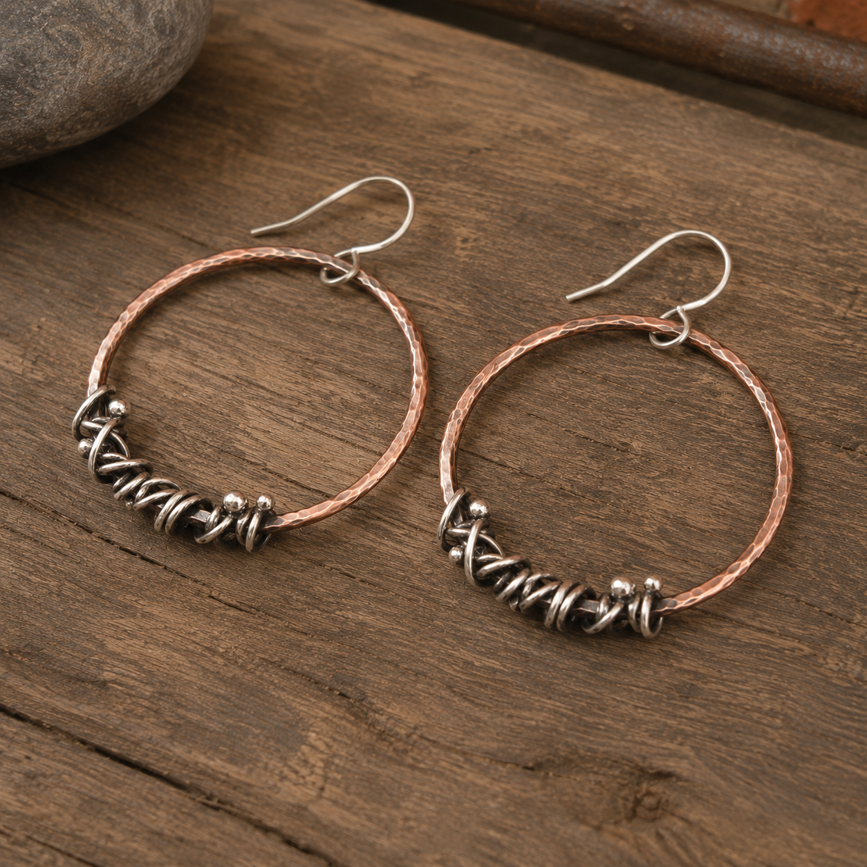 Handcrafted Copper & Sterling Silver Wire Wrapped Hoop Earrings