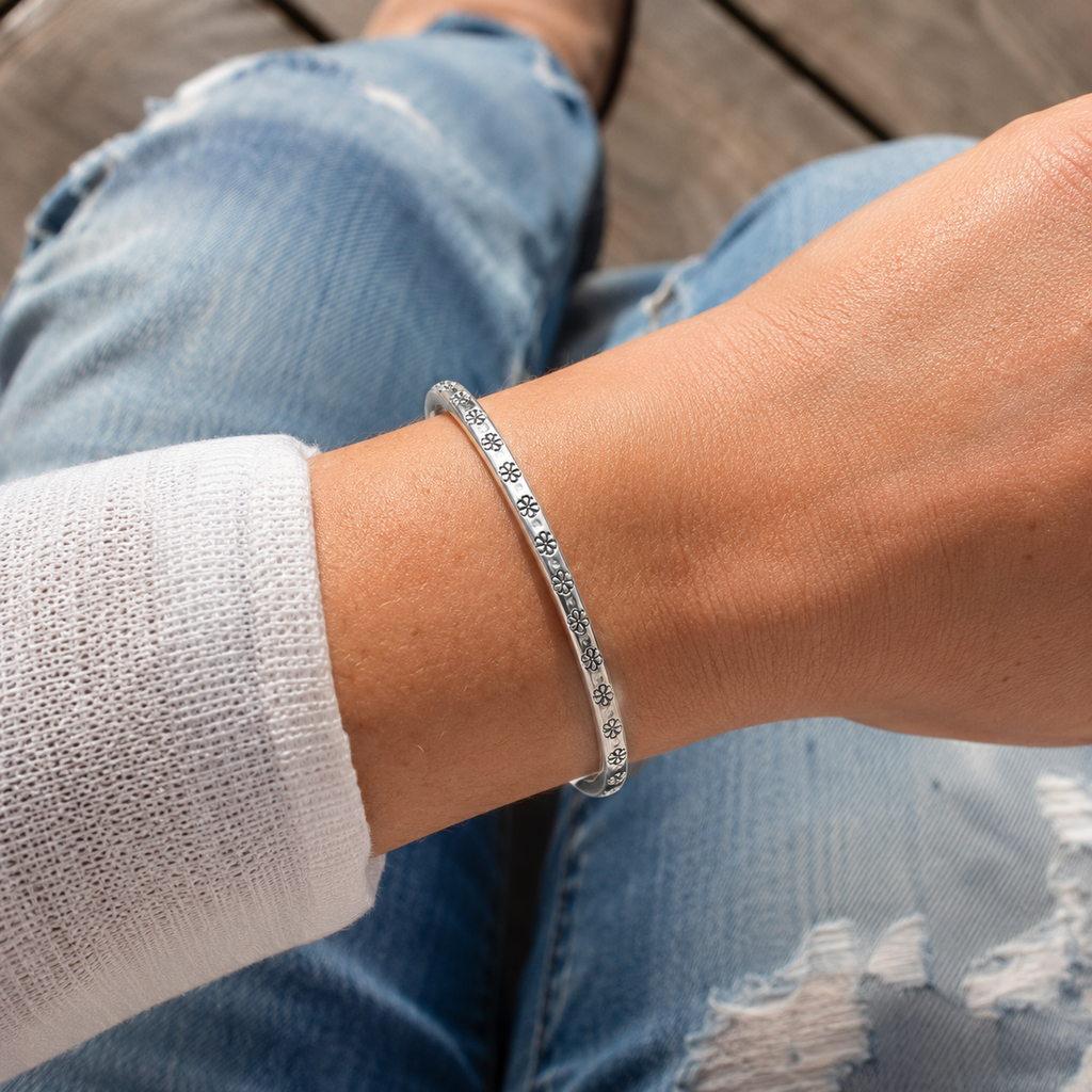 Handmade Daisy Stamped Sterling Silver Cuff Bracelet
