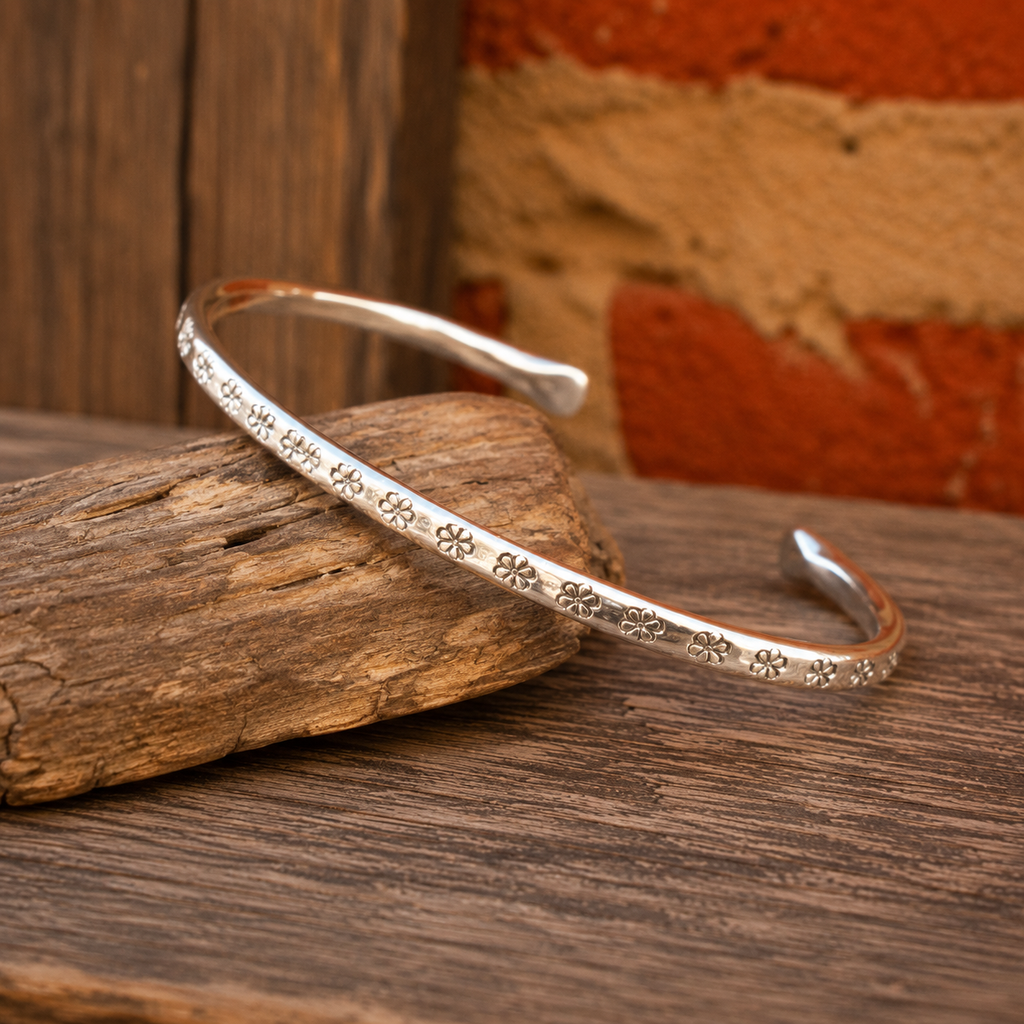 Handmade Daisy Stamped Sterling Silver Cuff Bracelet