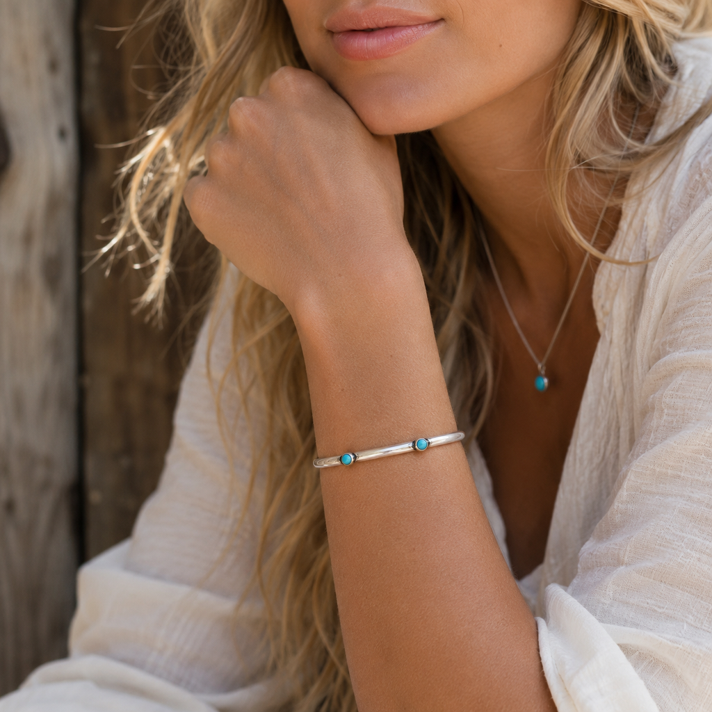 Handmade Double Turquoise Sterling Silver Cuff Bracelet