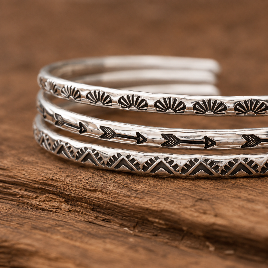 Handmade Sterling Silver Stacking Cuff Bracelet Set – Arrow, Sun & Triangle Collection