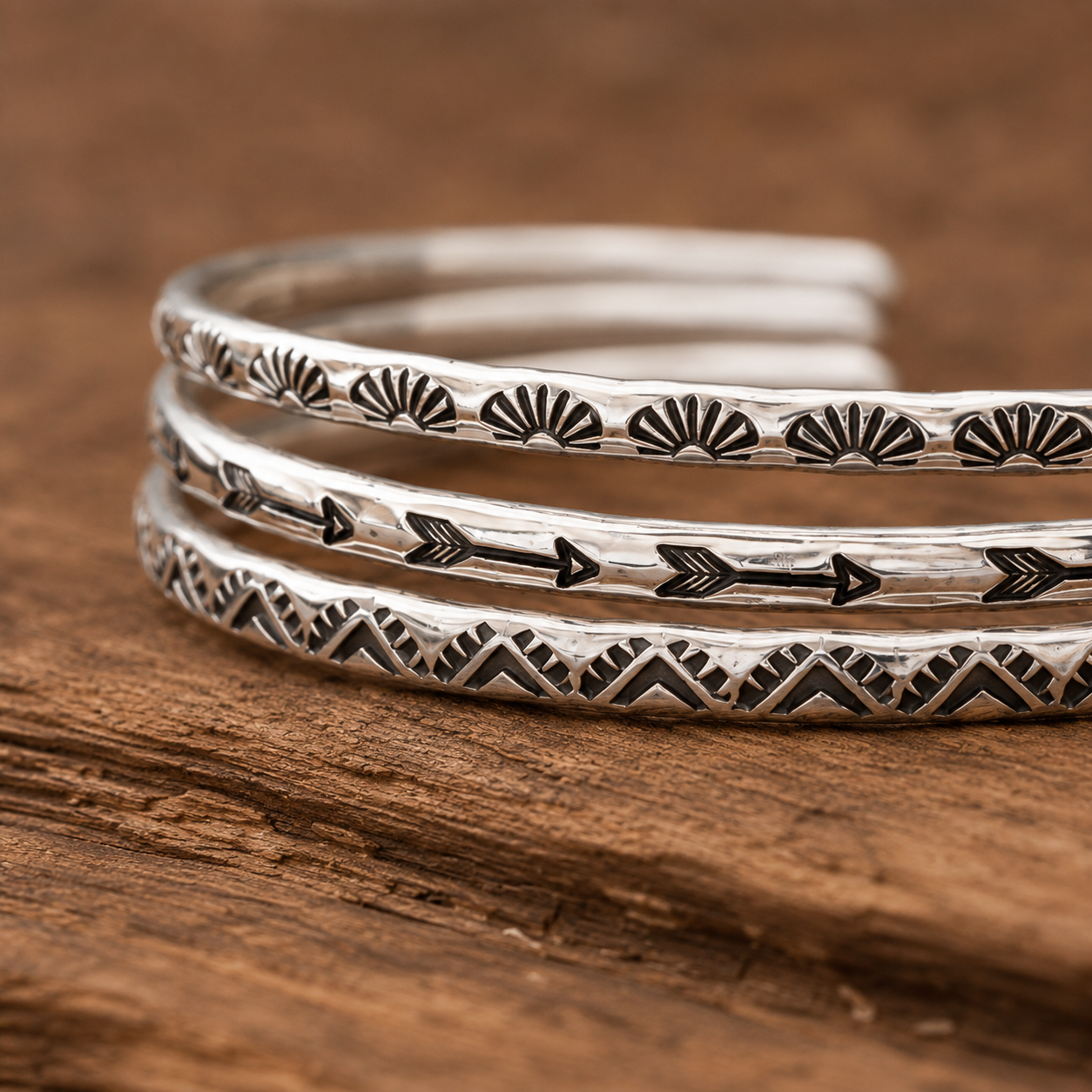 Handmade Sterling Silver Stacking Cuff Bracelet Set – Arrow, Sun & Triangle Collection