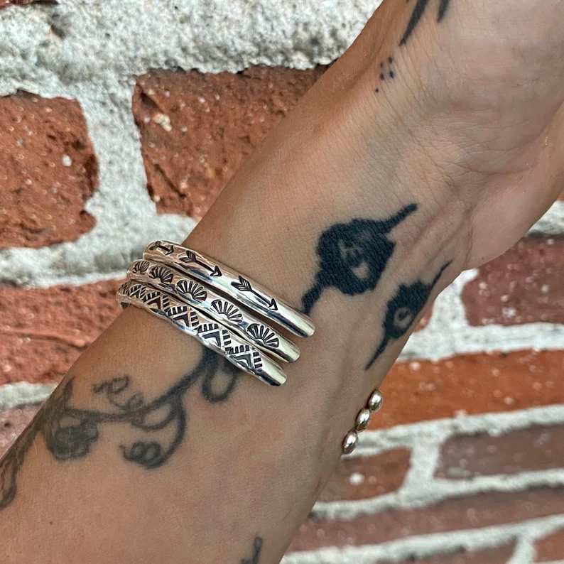 Handmade Sterling Silver Stacking Cuff Bracelet Set – Arrow, Sun & Triangle Collection