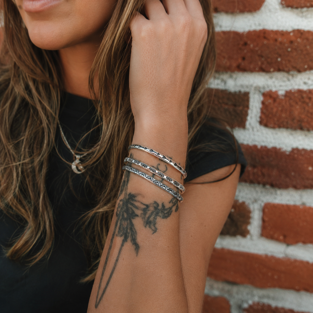 Handmade Sterling Silver Stacking Cuff Bracelet Set – Arrow, Sun & Triangle Collection