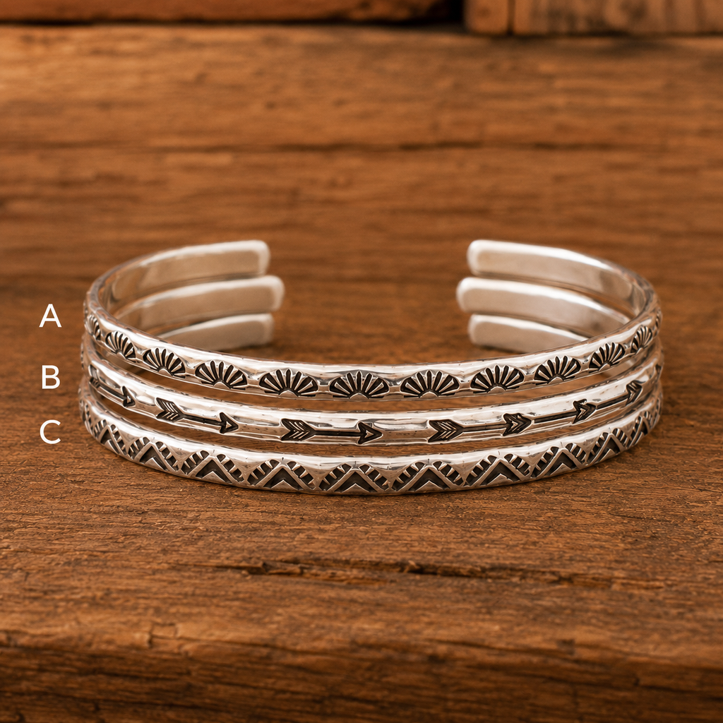 Handmade Sterling Silver Stacking Cuff Bracelet Set – Arrow, Sun & Triangle Collection