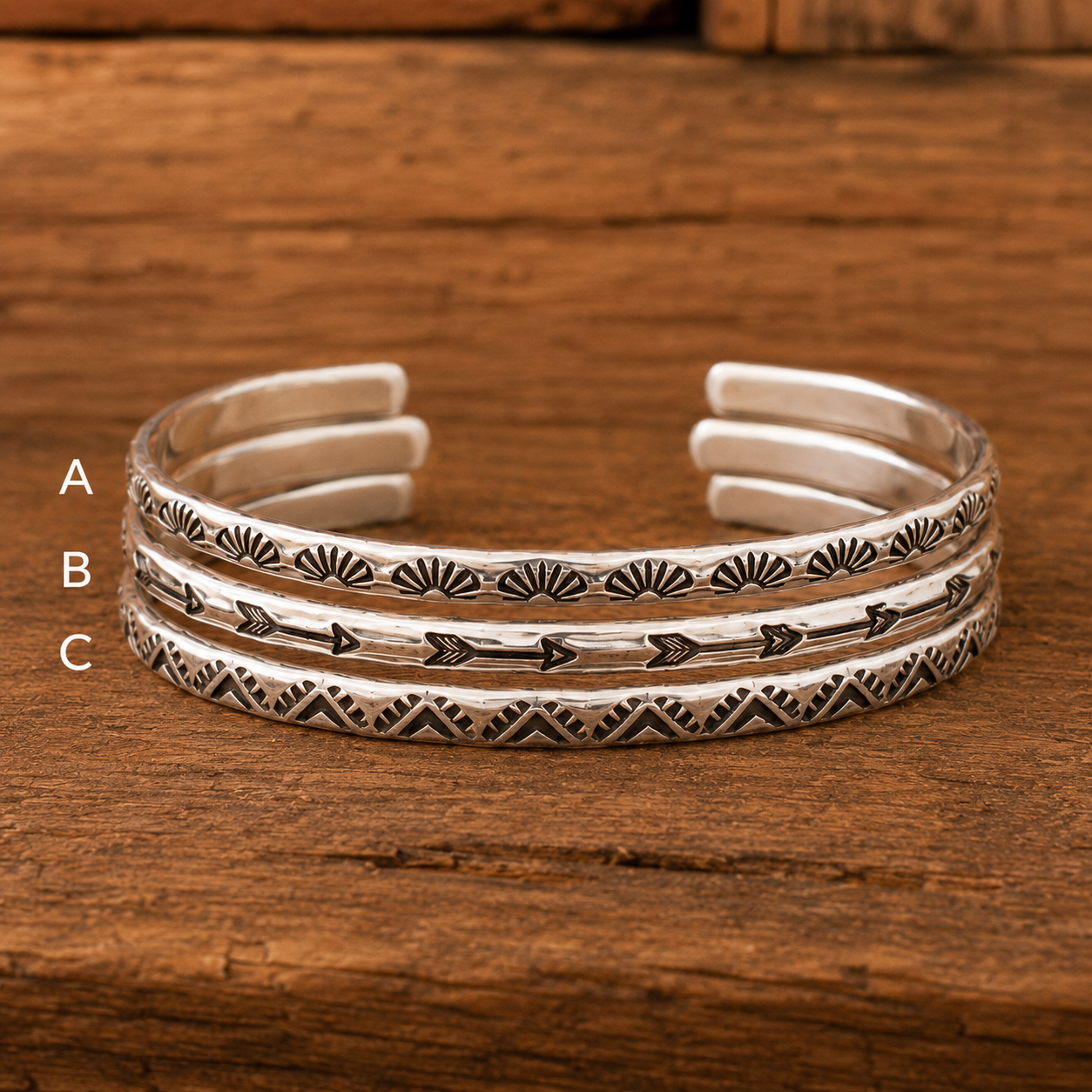 Handmade Sterling Silver Stacking Cuff Bracelet Set – Arrow, Sun & Triangle Collection