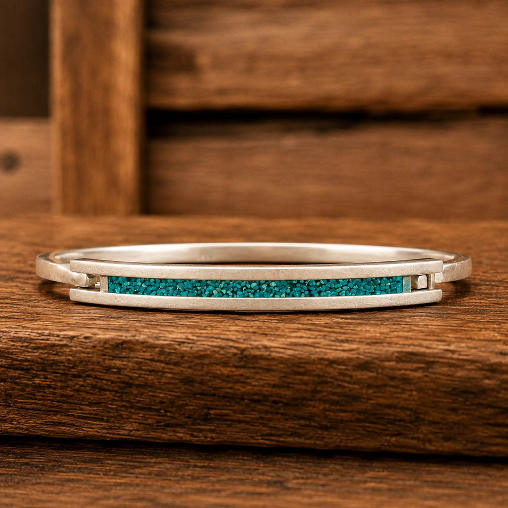 Handmade Sterling Silver Turquoise Inlay Hinged Bracelet