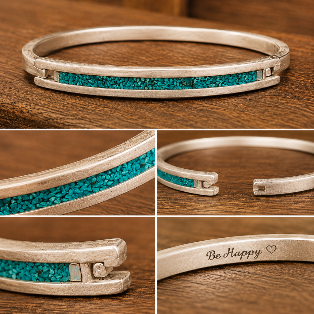 Handmade Sterling Silver Turquoise Inlay Hinged Bracelet