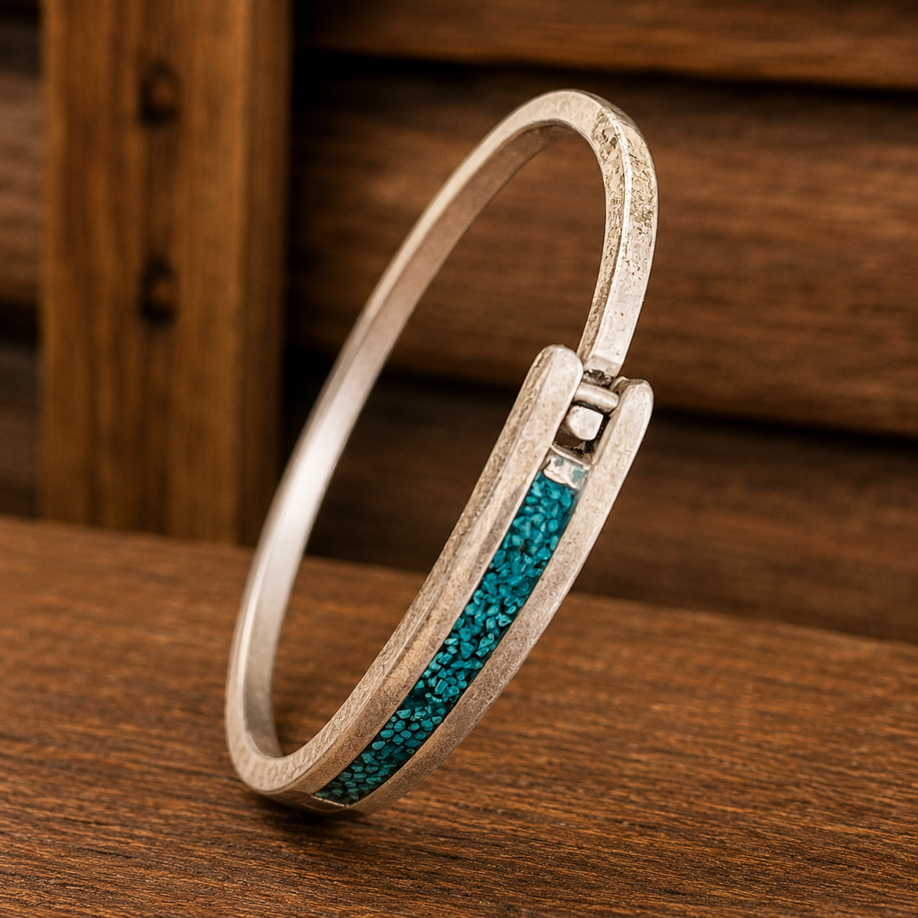 Handmade Sterling Silver Turquoise Inlay Hinged Bracelet