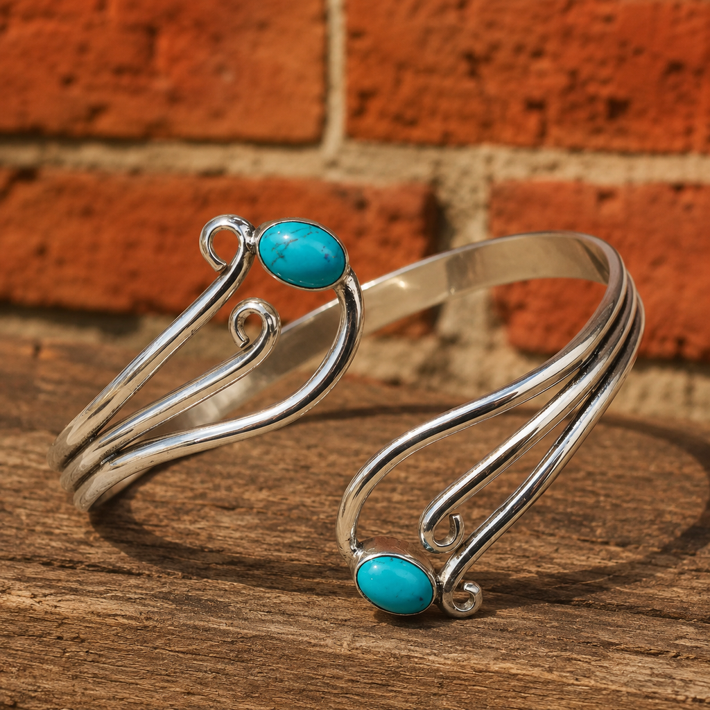 Handmade Sterling Silver Double Band Turquoise Bracelet