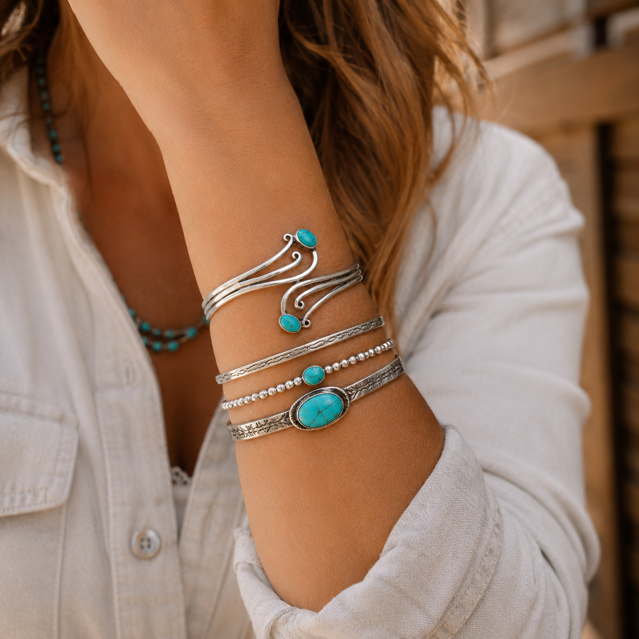 Handmade Sterling Silver Double Band Turquoise Bracelet