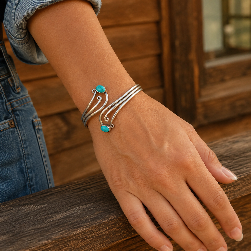 Handmade Sterling Silver Double Band Turquoise Bracelet