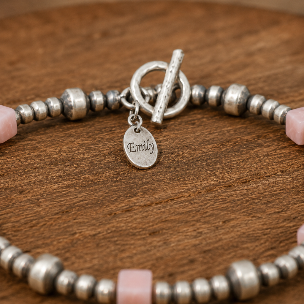 Handmade Navajo Sterling Silver Bead & Rose Quartz Bracelet