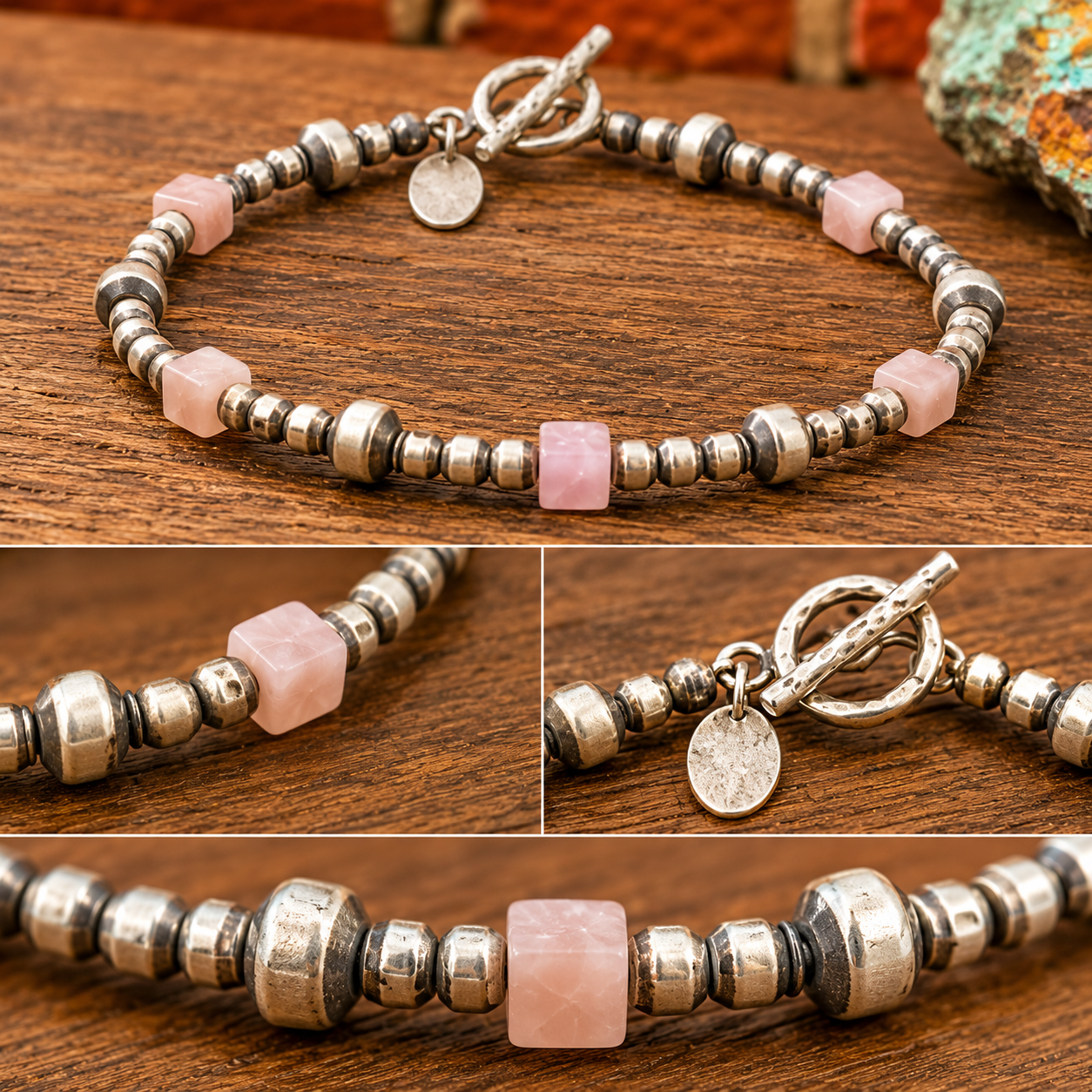 Handmade Navajo Sterling Silver Bead & Rose Quartz Bracelet