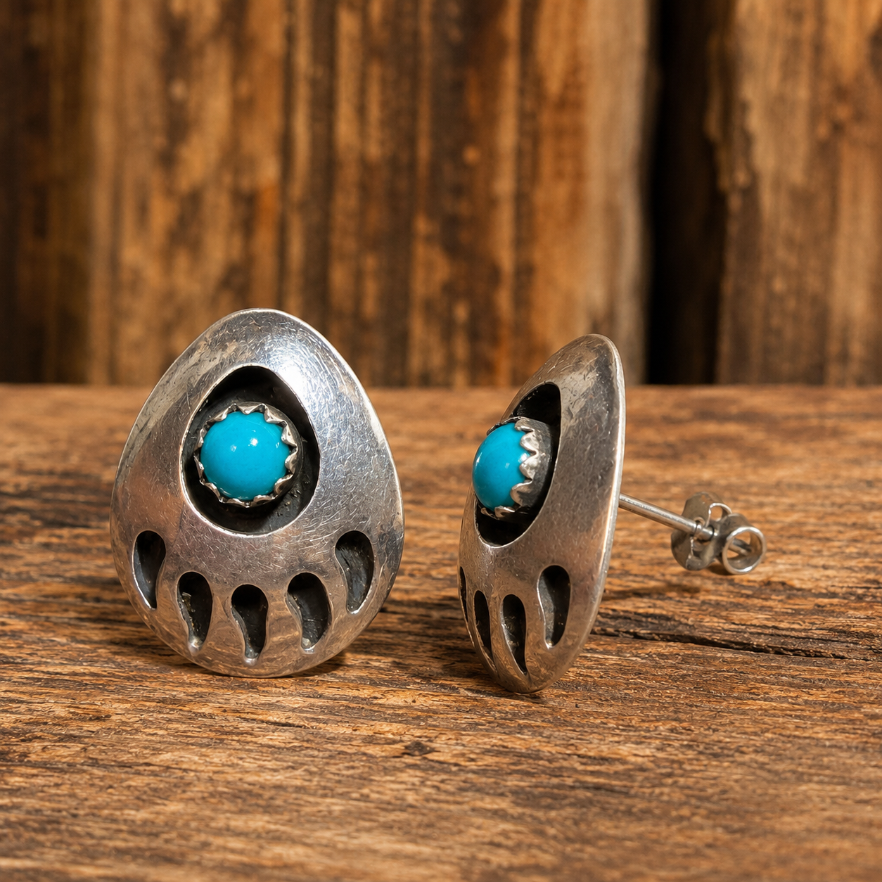 Handmade Navajo Bear Paw Sterling Silver Earrings