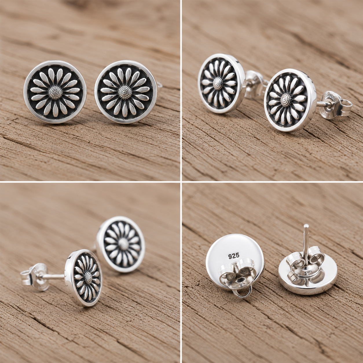Handmade Sterling Silver Floral Stud Earrings Rose • Sunflower • Sunburst Collection