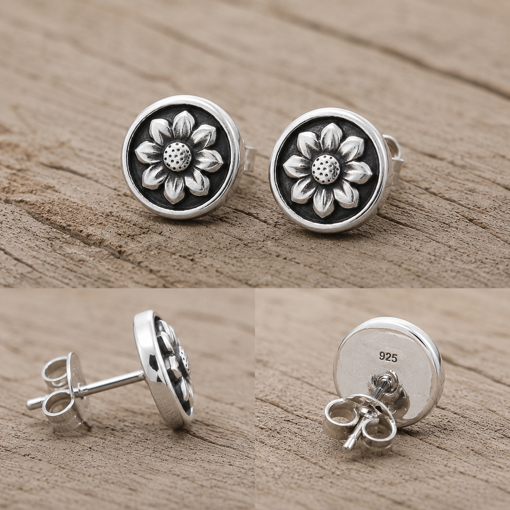 Handmade Sterling Silver Floral Stud Earrings Rose • Sunflower • Sunburst Collection