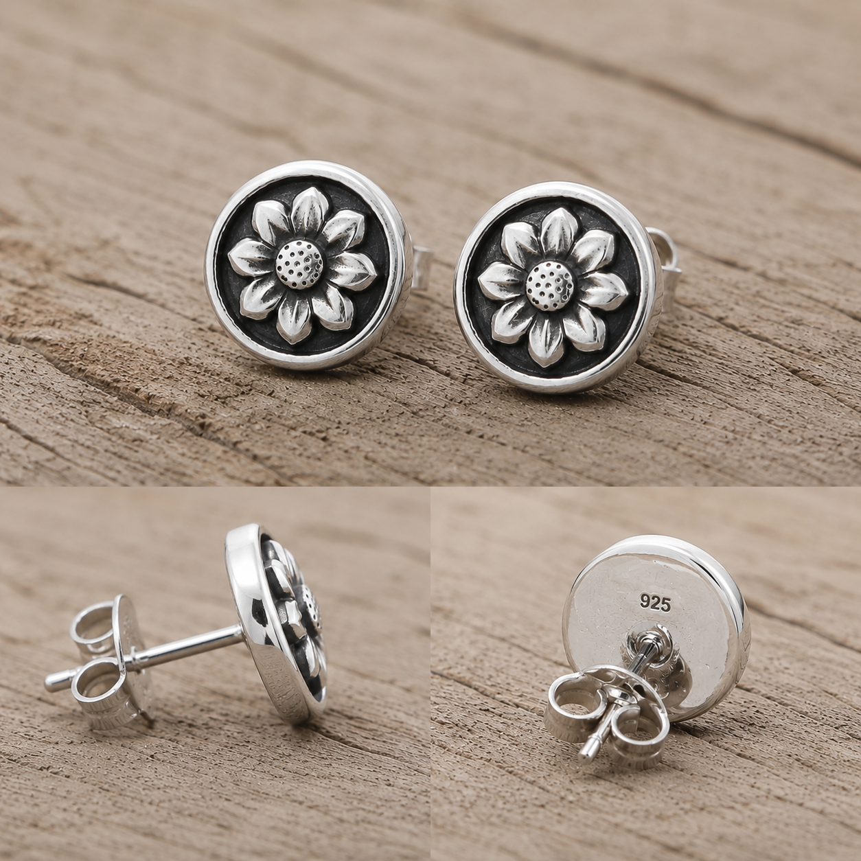 Handmade Sterling Silver Floral Stud Earrings Rose • Sunflower • Sunburst Collection