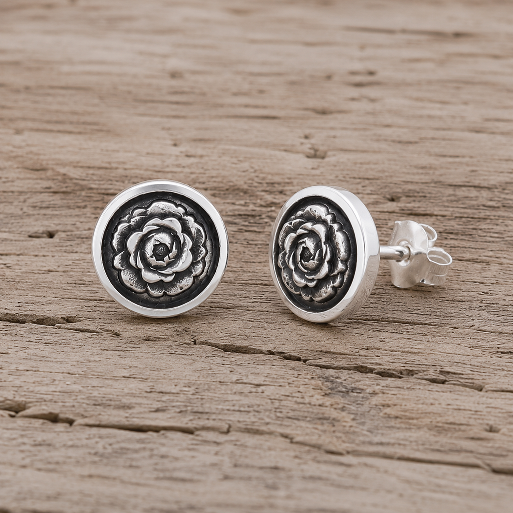 Handmade Sterling Silver Floral Stud Earrings Rose • Sunflower • Sunburst Collection