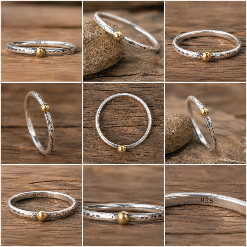 Handmade Sterling Silver Ring with Solid 24K Gold Bead