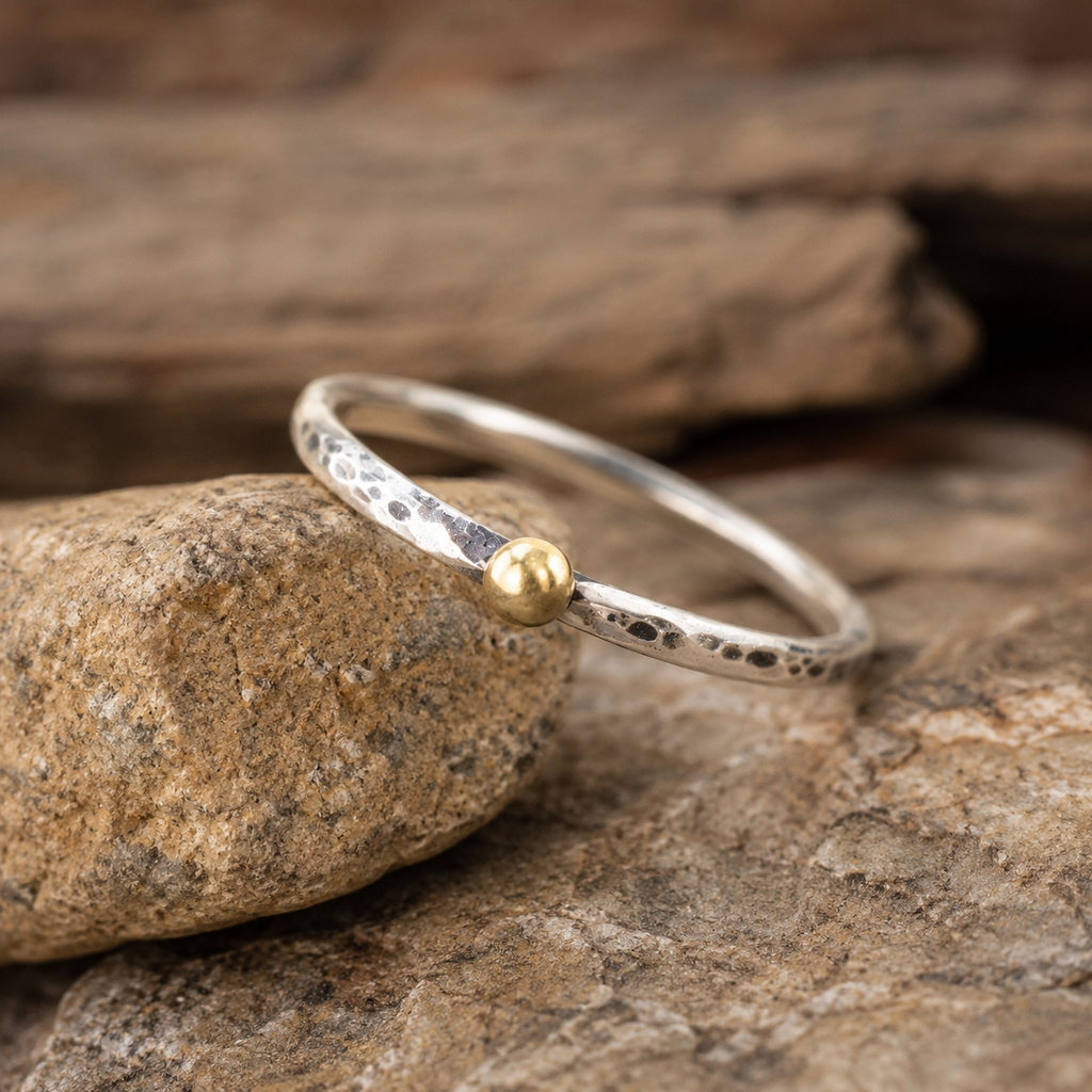 Handmade Sterling Silver Ring with Solid 24K Gold Bead
