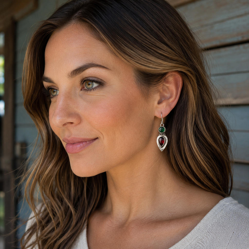 Handmade Sterling Silver Garnet & Green Jasper Earrings