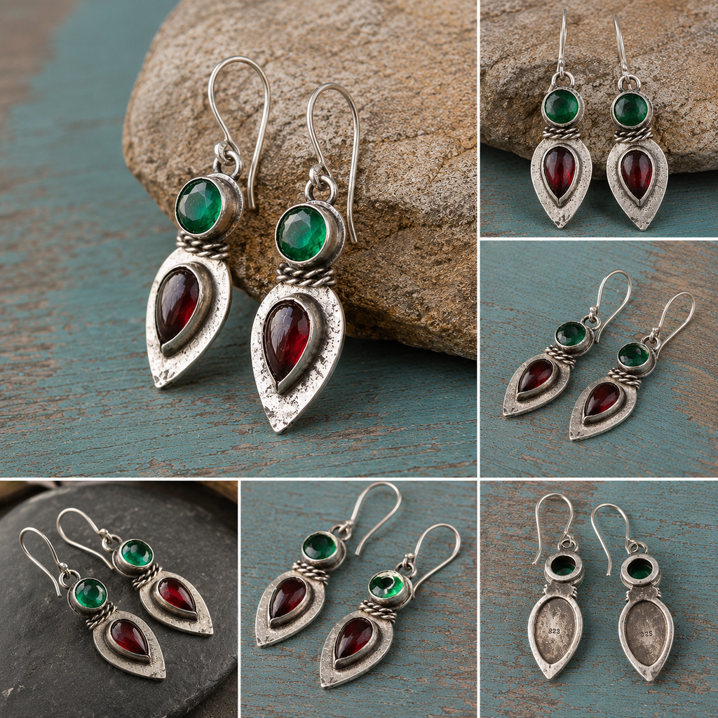 Handmade Sterling Silver Garnet & Green Jasper Earrings