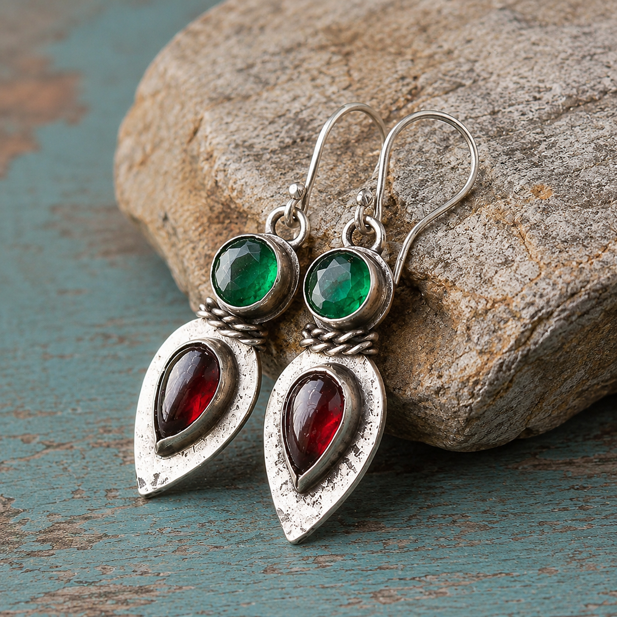 Handmade Sterling Silver Garnet & Green Jasper Earrings