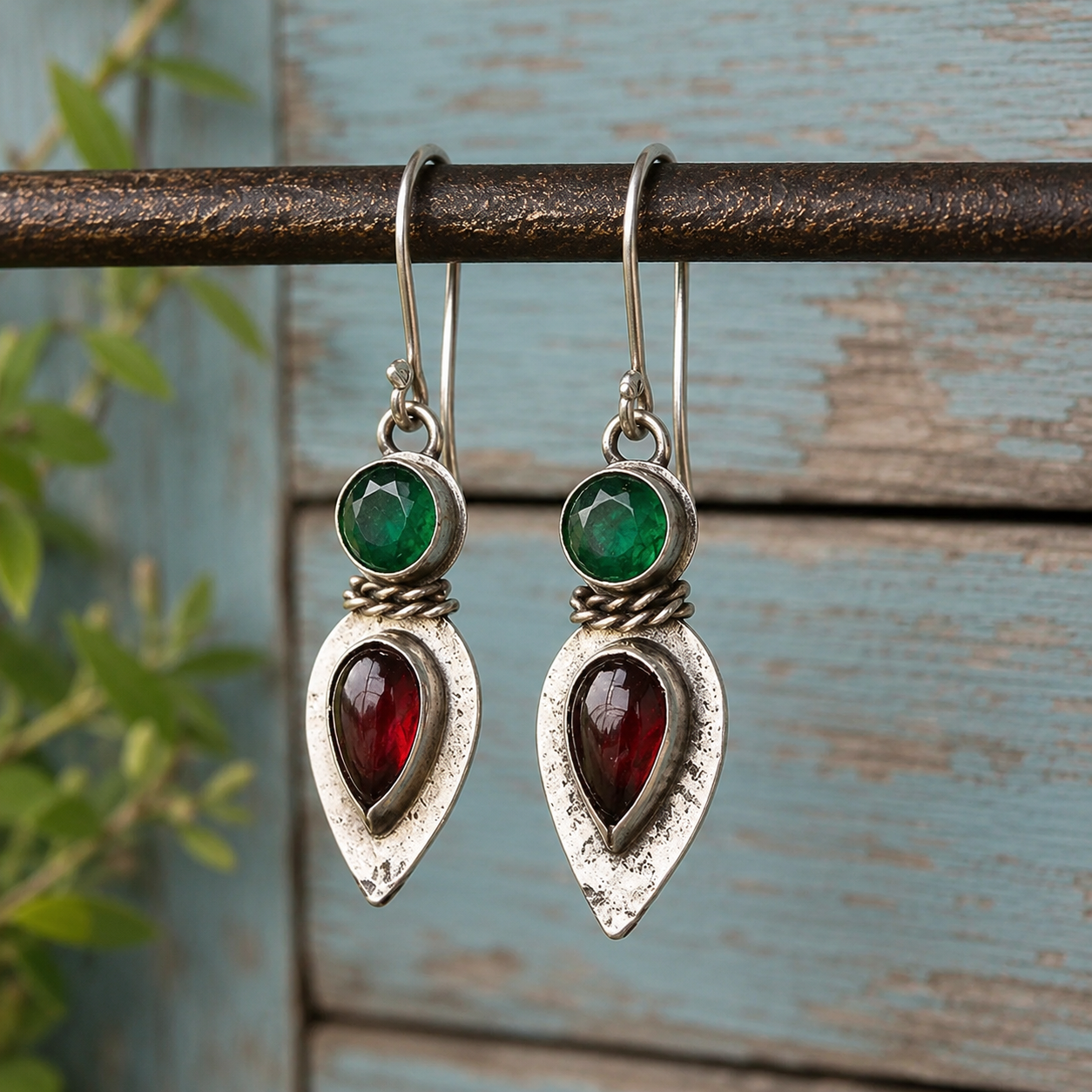 Handmade Sterling Silver Garnet & Green Jasper Earrings