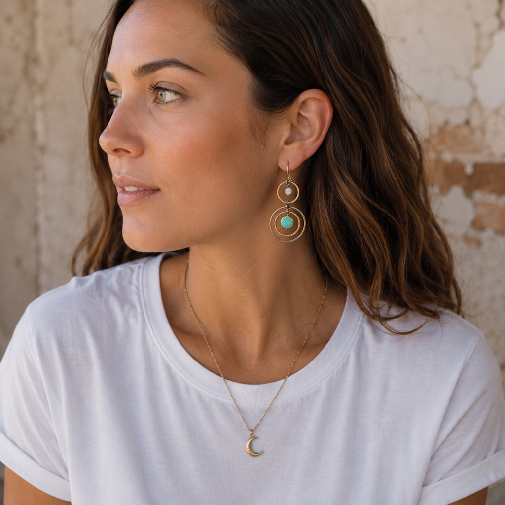 Handmade Brass Earrings with Natural Royston Turquoise & Moonstone