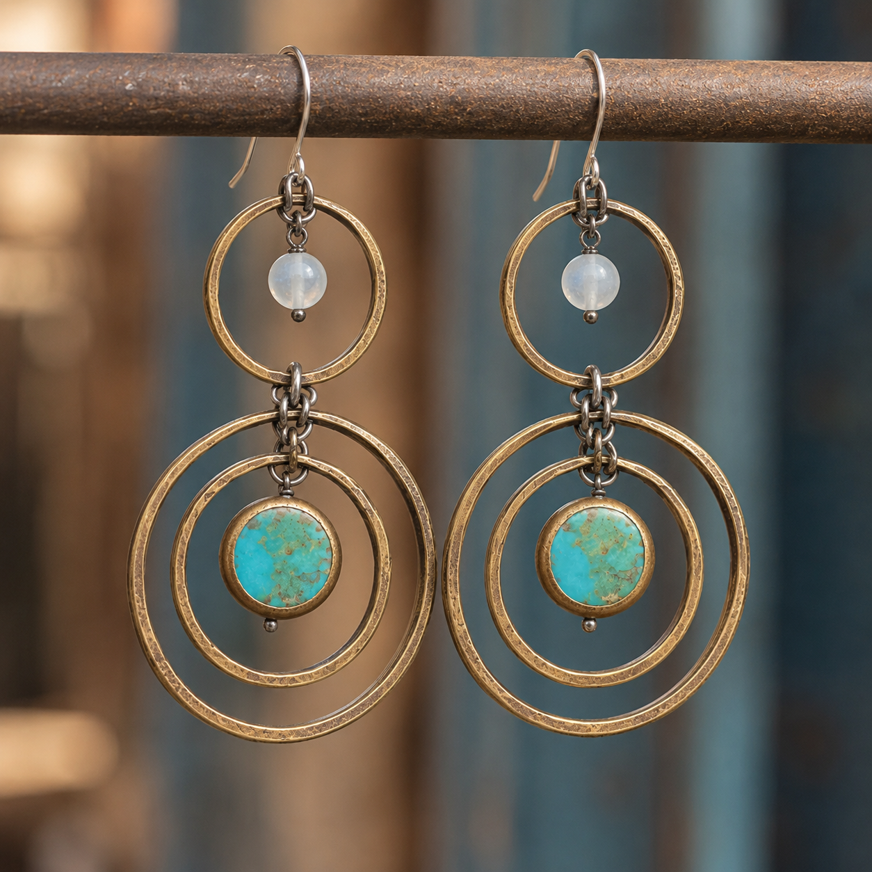Handmade Brass Earrings with Natural Royston Turquoise & Moonstone