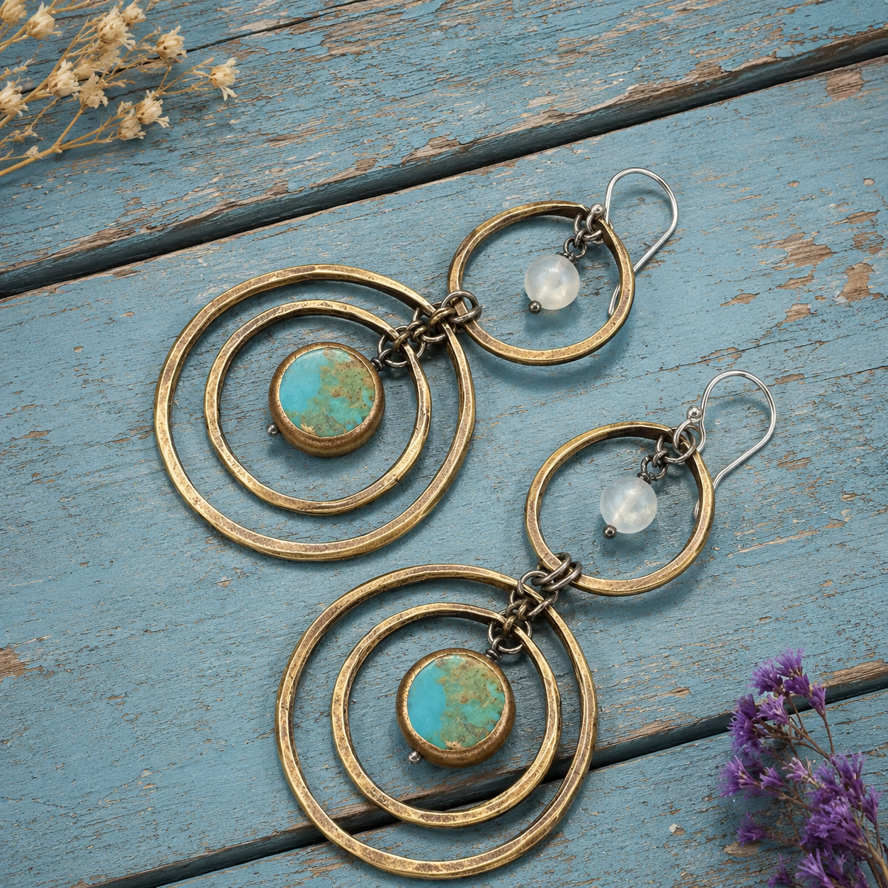 Handmade Brass Earrings with Natural Royston Turquoise & Moonstone