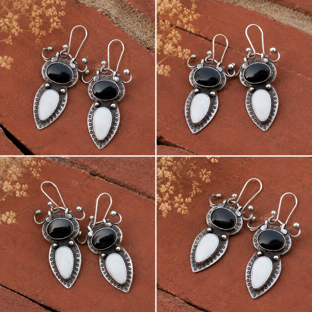 Vintage Black Onyx & Mother of Pearl Sterling Silver Earrings