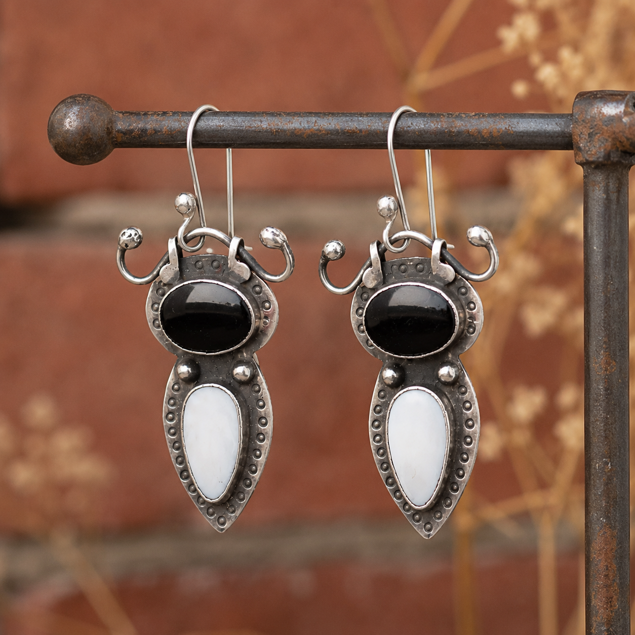 Vintage Black Onyx & Mother of Pearl Sterling Silver Earrings