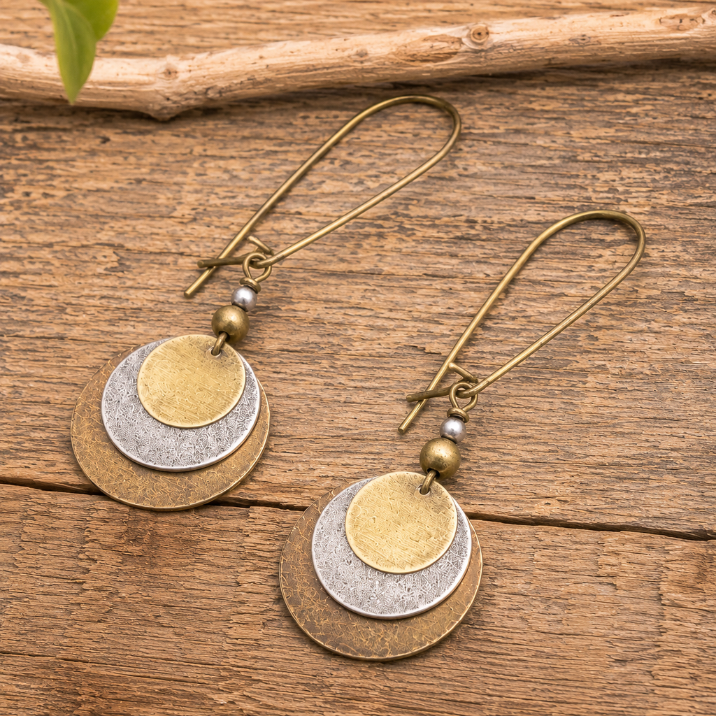 Handmade Mixed Metal Disc Earrings | Vintage Copper & Silver Boho Dangle Earrings for Women