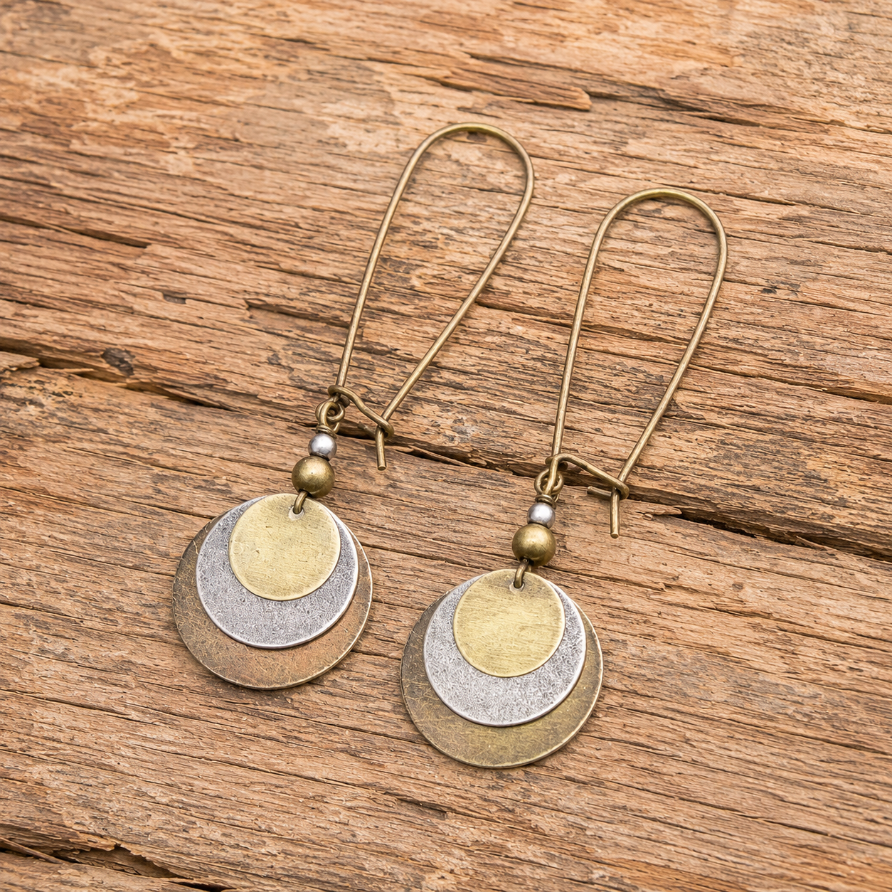 Handmade Mixed Metal Disc Earrings | Vintage Copper & Silver Boho Dangle Earrings for Women