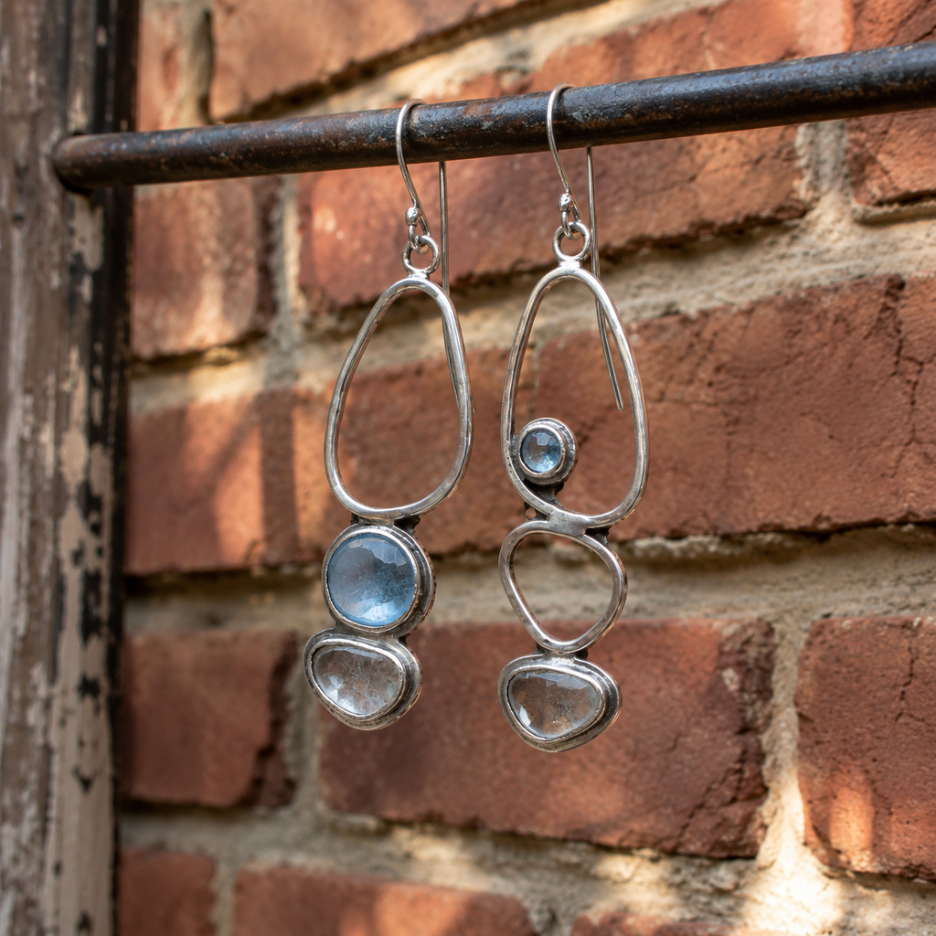 Handmade Asymmetrical Aquamarine & Clear Quartz Earrings