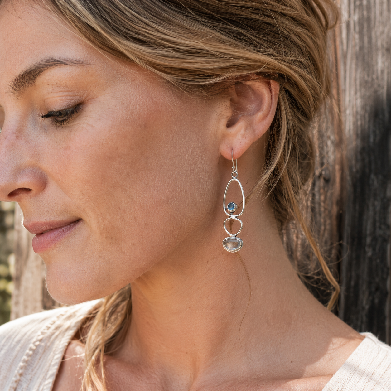 Handmade Asymmetrical Aquamarine & Clear Quartz Earrings