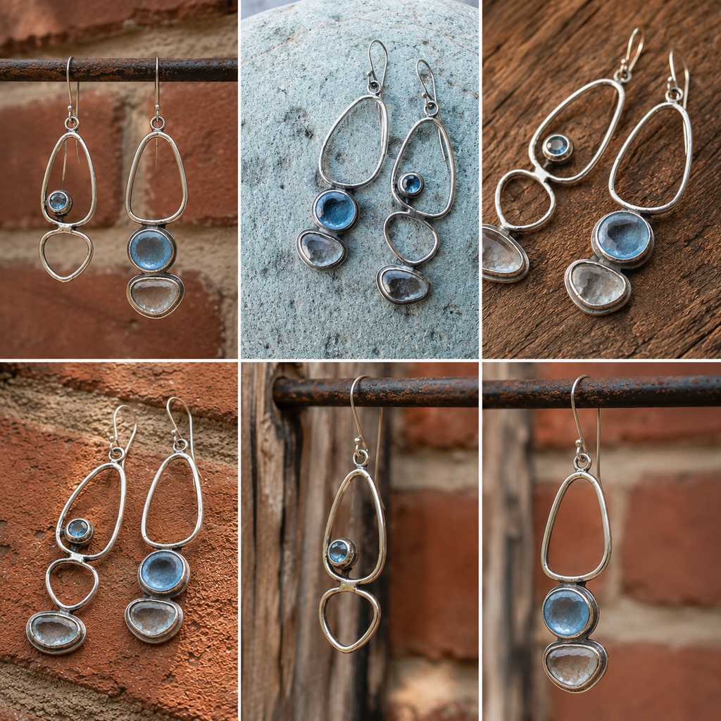 Handmade Asymmetrical Aquamarine & Clear Quartz Earrings