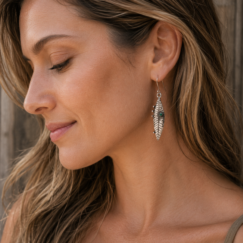 Handmade Sterling Silver Green Agate Leaf Earrings