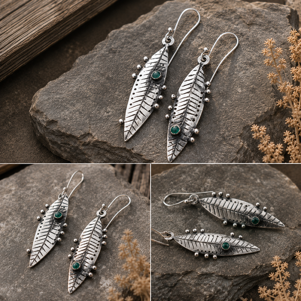 Handmade Sterling Silver Green Agate Leaf Earrings