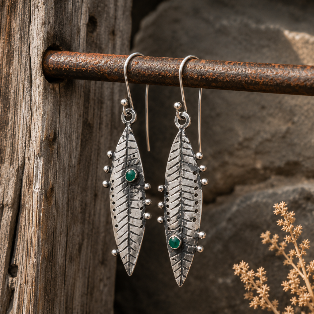 Handmade Sterling Silver Green Agate Leaf Earrings