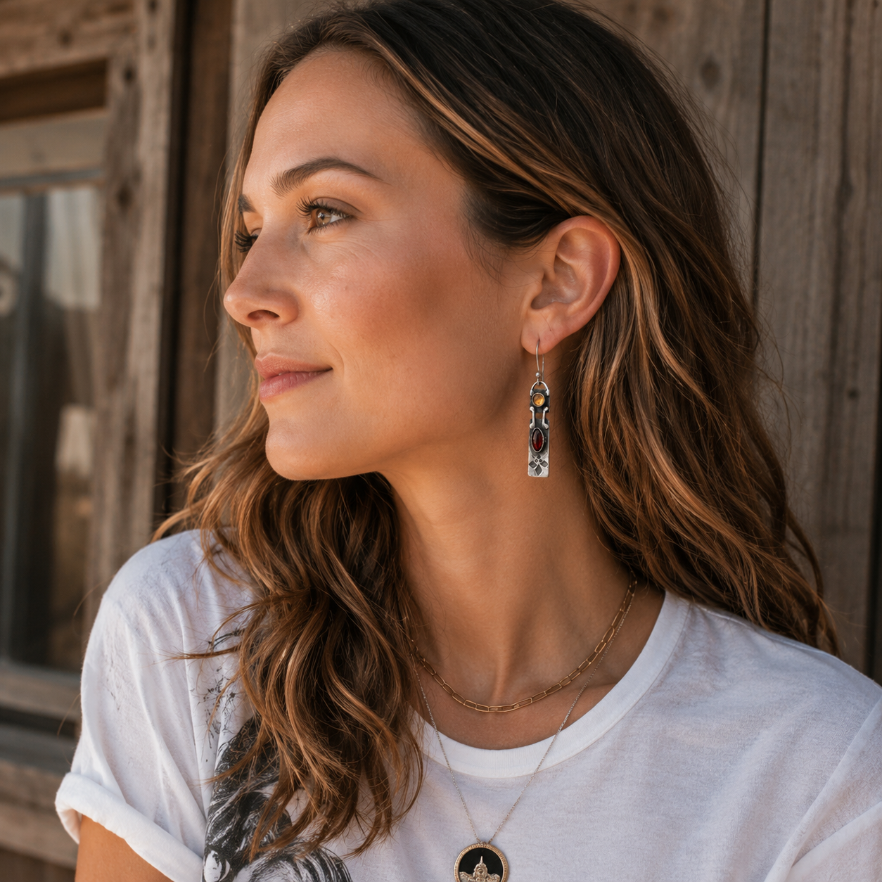 Handmade Sterling Silver Garnet & Yellow Agate Earrings