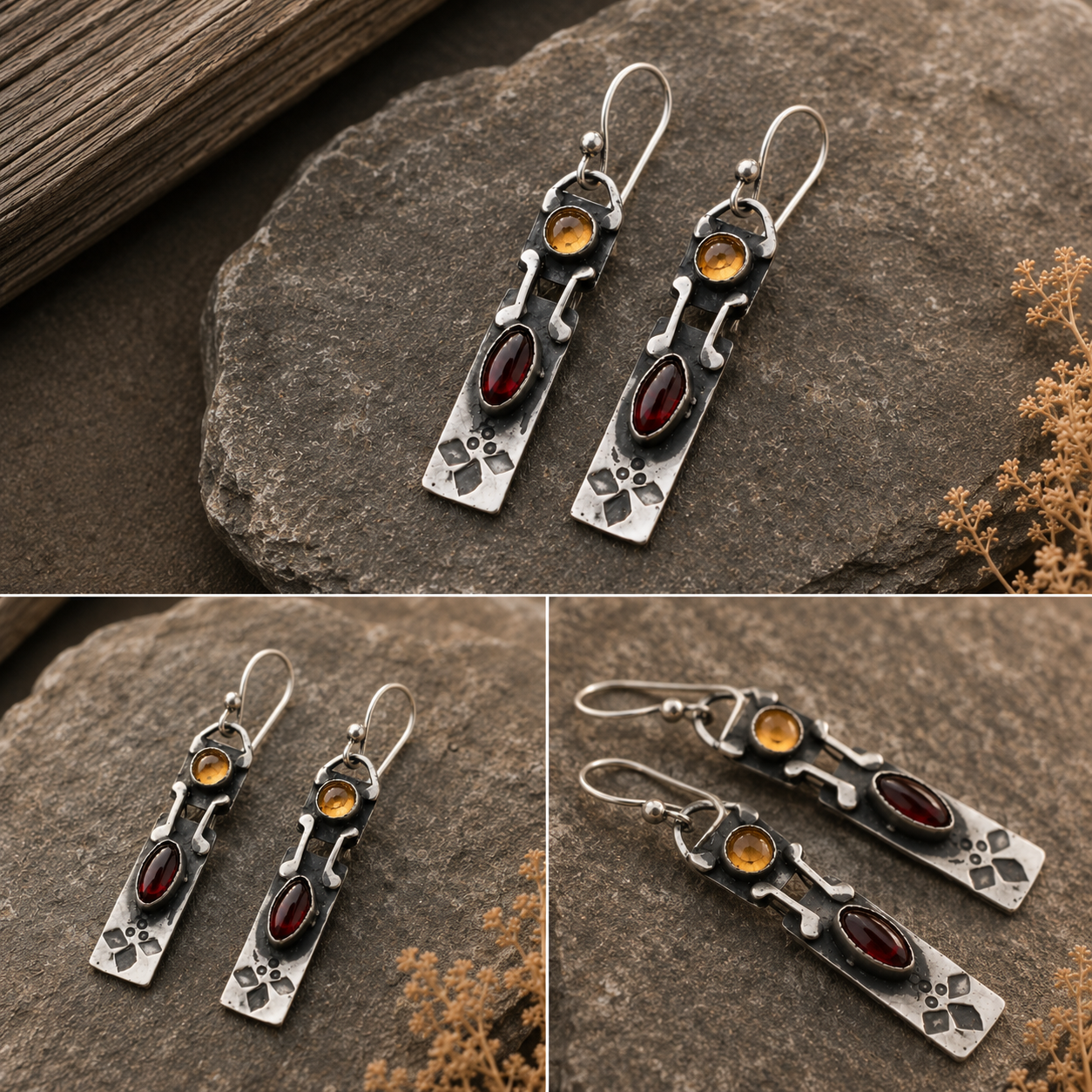 Handmade Sterling Silver Garnet & Yellow Agate Earrings