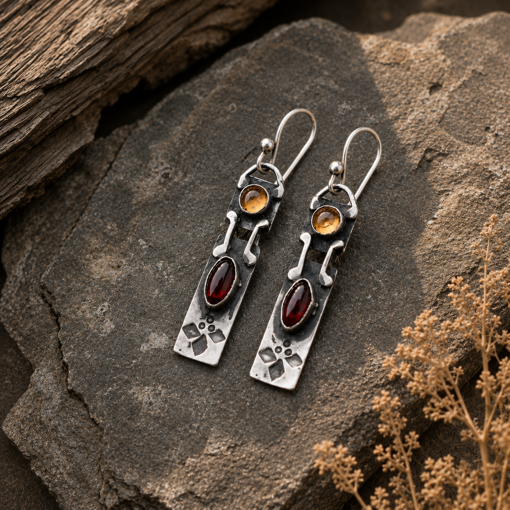 Handmade Sterling Silver Garnet & Yellow Agate Earrings