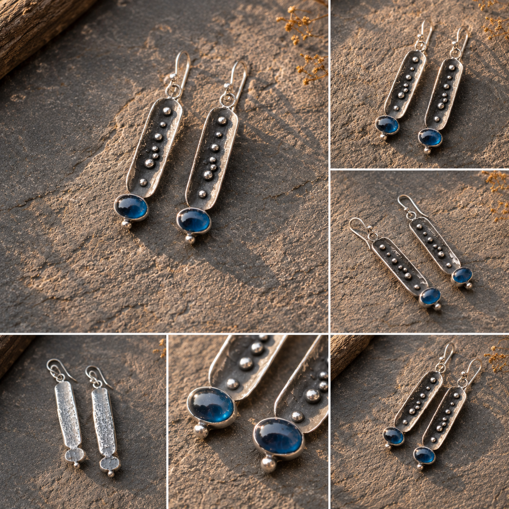 Artisan Sterling Silver & Natural Blue Apatite Dangle Earrings for Women