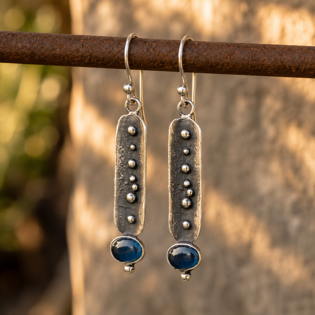 Artisan Sterling Silver & Natural Blue Apatite Dangle Earrings for Women